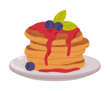 Lezzetli Kahvaltı Olarak Üzerine Reçel ve Böğürtlenli Krepler Yığını ya da Tipik Gıda Vektörü İllüstrasyonlu Brunch. Geleneksel İştah açıcı Malzemelerle Besleyici Sabah Yemeği