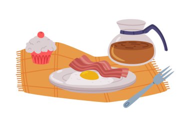 Yağda Yumurta ve Pastırma ile Tabakta Kahve ve Kek Lezzetli Kahvaltı ya da Tipik Yemek Vektörü İllüstrasyonu ile Brunch. Geleneksel İştah açıcı Malzemelerle Besleyici Sabah Yemeği