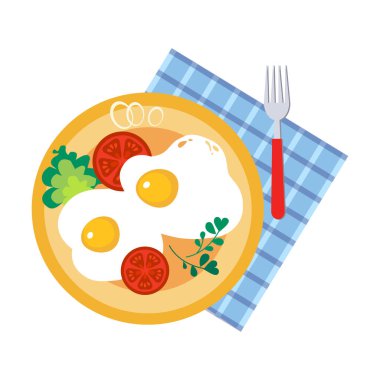 Lezzetli Kahvaltı Olarak Tabak Üzerine Yağda Yumurta ve Domates veya Tipik Gıda Bakış Görünümü Vektör İllüstrasyonuyla Brunch. Geleneksel İştah açıcı Malzemelerle Besleyici Sabah Yemeği