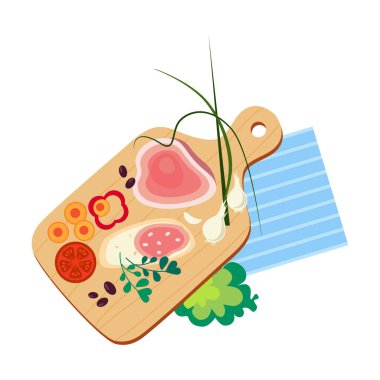 Ekmek Dilimleme ve Sebzeli Jambon Lezzetli Kahvaltı ya da Tipik Gıdanın Üzerinde Vector Illustration ile Brunch. Geleneksel İştah açıcı Malzemelerle Besleyici Sabah Yemeği