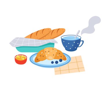 Lezzetli Kahvaltı Olarak Çay Fincanlı Ekmek ve Pişmiş Kruvasan mı yoksa Tipik Yemek Vektörü İllüstrasyonlu Brunch mı? Geleneksel İştah açıcı Malzemelerle Besleyici Sabah Yemeği