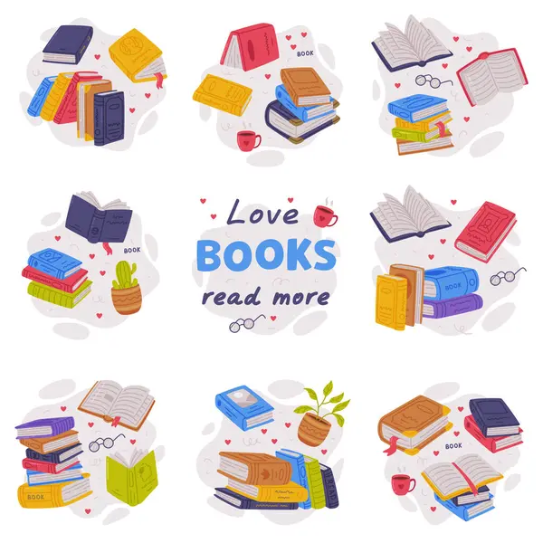 Aşk kitapları, daha fazla okuyun. Kitap koleksiyonu. Kütüphane, kitapçı, okula dönüş konsepti, beyaz üzerine izole edilmiş vektör çizimi.