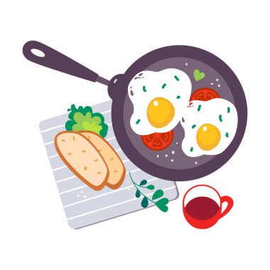 Lezzetli Kahvaltı Olarak Domatesli Çırpılmış Yumurta veya Tipik Yiyecek Üst Görünüm Vektör İllüstrasyonlu Brunch. Geleneksel İştah açıcı Malzemelerle Besleyici Sabah Yemeği