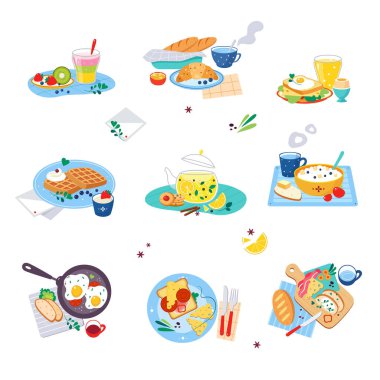 Tabak Vektörü Seti 'nde sunulan Lezzetli Kahvaltı ya da Tipik Yiyeceklerle Kahvaltı. Geleneksel İştah açıcı Malzemelerle Besleyici Sabah Yemeği