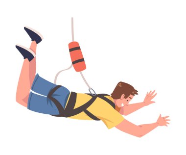 Bungee jumping with Man Character Free Falling from Great Height Connected to Elastic Cord Vector Illustration. Mutlu Genç Bungy Jumper Uçuşu