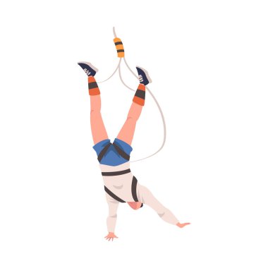 Bungee jumping with Man Character Free Falling from Great Height Connected to Elastic Cord Vector Illustration. Mutlu Genç Bungy Jumper Uçuşu