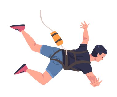 Bungee jumping with Man Character Free Falling from Great Height Connected to Elastic Cord Vector Illustration. Mutlu Genç Bungy Jumper Uçuşu
