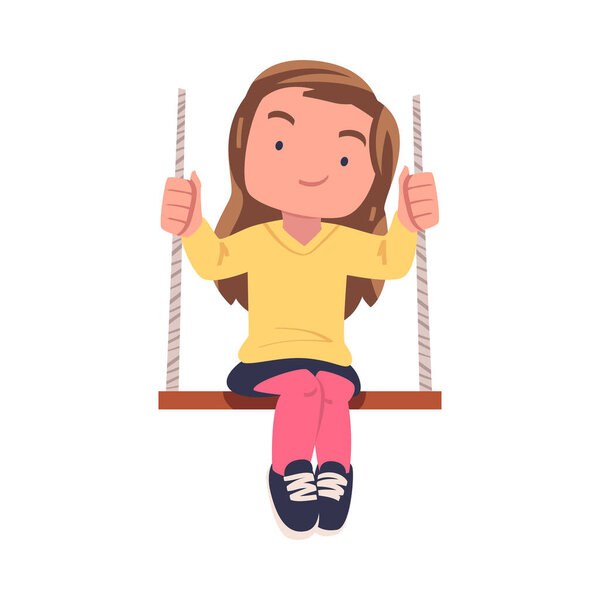 Little girl sitting on rope swing, front view cartoon vector illustration isolated on white