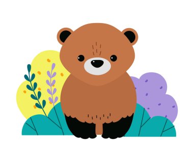 Çalılıklardaki sevimli ayı. Doğadaki sevimli orman yavrusu, beyaz üzerinde izole edilmiş vektör çizimi.