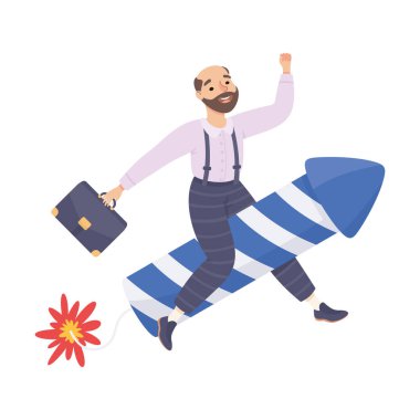 Başarılı bir iş adamı ateş krakeriyle uçuyor. İş başarısı, yaratıcı fikir, yenilik, başlangıç konsepti çizgi film vektör çizimi beyaza izole edilmiş