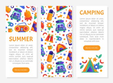Yaz kampı web sayfası şablonları ayarlandı. Kamp festivali, tatil veya gezici faaliyet uygulaması, turistik ajans reklam mobil uygulaması, iniş sayfası düz çizim