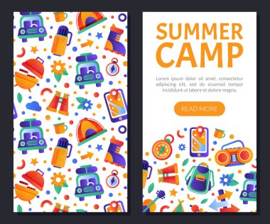 Yaz kampı mobil uygulama şablonu. Kamp festivali, tatil veya seyahat etkinliği iniş sayfası, web sitesi arayüzü düz vektör illüstrasyonu