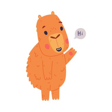 Sevimli bebek Capybara selamlaşmak için patisini sallıyor. Güney Amerika 'nın komik çizgi film çizimi beyaz renkte izole edilmiş.