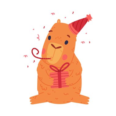 Şirin tüylü bebek Capybara parti şapkası takıyor ve düdük çalıyor. Güney Amerika 'nın komik kabarık tüylü hayvanı çizgi film vektör illüstrasyonunu beyaza izole ettim.