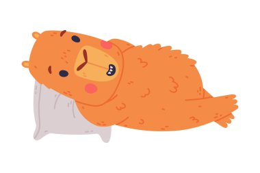 Yastığın üzerinde yatan sevimli bebek Capybara. Güney Amerika 'nın komik kürklü hayvanı, beyaz üzerine izole edilmiş vektör çizimi.
