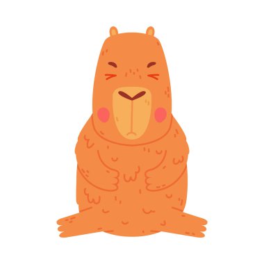 Tatlı bebek Capybara gözleri kapalı yerde oturuyor. Güney Amerika 'nın komik çizgi film çizimi beyaz renkte izole edilmiş.