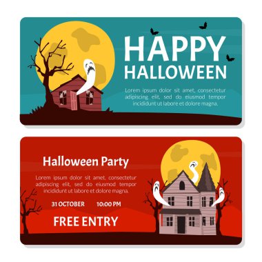 Banner with Scary Halloween House with Ghost and Bats Vector Template. Poster with Spooky Haunted Construction Against Round Moon Concept clipart