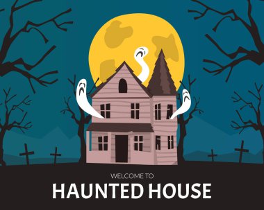 Hayalet ve Yarasa Vektör Şablonu ile Korkunç Cadılar Bayramı Evi 'nin afişi. Yuvarlak Ay 'a Karşı Hayaletli Yapı Posteri