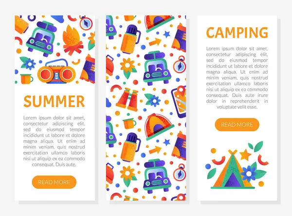 Yaz kampı web sayfası şablonları ayarlandı. Kamp festivali, tatil veya gezici faaliyet uygulaması, turistik ajans reklam mobil uygulaması, iniş sayfası düz çizim