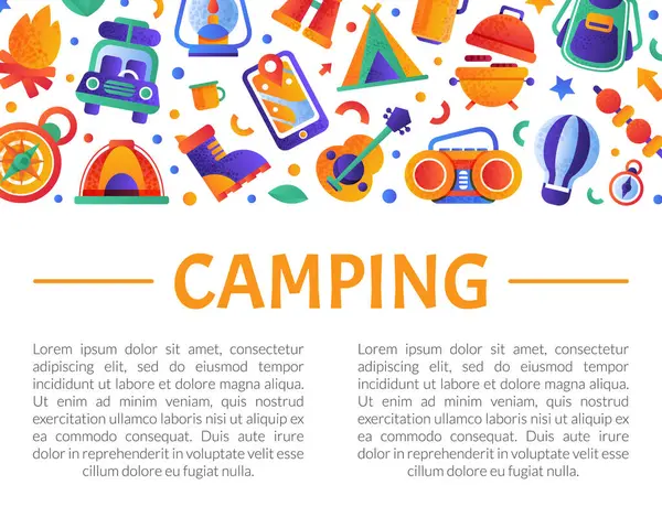 Kamp broşürü. Yaz seyahati afişi, davetiye kartı, poster, kamp malzemeleriyle kaplanmış düz çizgili düz vektör çizimi