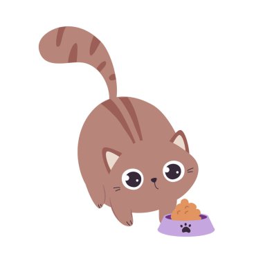 Kahverengi Paltolu Şirin Kedi Yem Kasesi Vektör İllüstrasyonu 'nun yanında oturuyor. Komik Burunlu Evcil Hayvan rolünde Güzel Kedi Yavrusu