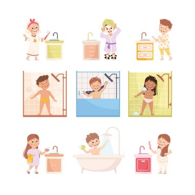 Küçük sevimli çocuklar günlük hijyen aktiviteleri yapıyor. Çocuklar ellerini yıkıyor, saçlarını tarıyor, banyo yapıyor, dişlerini fırçalıyor. Çizgi film çizimleri beyaza izole edilmiş.