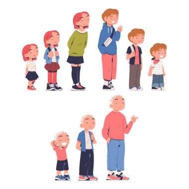 Birlikte büyüyen okul arkadaşları. Çocuklardan ergenlere kadar sevimli oğlanlar ve kızlar. Yaşam döngüsü, beyaz üzerinde izole edilmiş çizgi film vektör çizimi