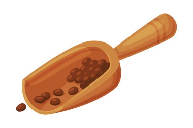 Kakao çekirdeği çuvallı kepçe. Çikolatalı tatlı, tatlılar, içecekler ve hamur işi içerikli çizgi film çizimleri beyaz üzerine izole edilmiş.