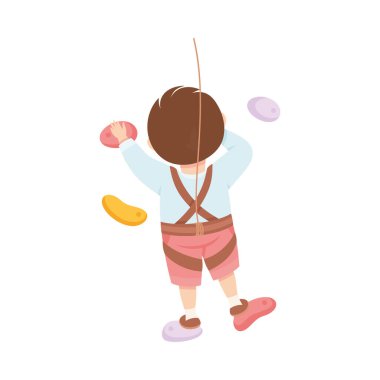 Küçük çocuk tırmanırken duvara tırmandı. İple tutunarak geriye bakan vektör ilüstrasyonuna tutundu. Çocuk Dağcı Eğlence Faaliyetine Bağlandı