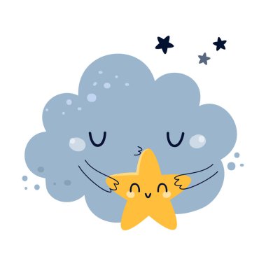 Şirin Mavi Bulut Küçük Sarı Yıldız Vektör Resmini Tutuyor. Çocuksu Karakter Olarak Mutlu Bulutlar