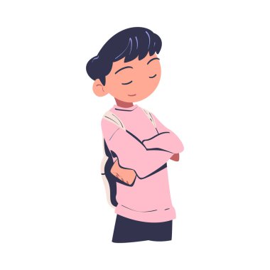 Tatmin Olmuş Yüze ve Katlanmış Kollu Gururlu Gururlu Vektör İllüzyonuna sahip Kendine Güvenen Adam Karakteri. Kendine güveni ve kendine güveni olan gururlu genç erkek.