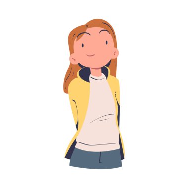 Tatmin Olmuş Yüz Kendini İfade Eden Gururlu Vektör İllüzyonu 'na sahip Kendinden emin Kadın Karakteri. Kendine güveni ve kendine güveni olan gururlu bir genç bayan.