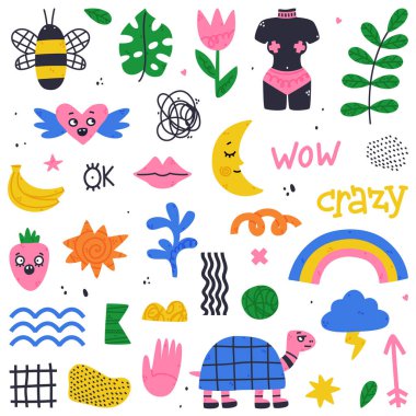 Yaratıcı elementler ve Doodle Renkli Şekiller ve Formlar Vektör Kümesi. Çeşitli Parlak Sanat Ögeleri
