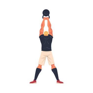 Çapraz Formda Vücut Çalışması, Ağır Kalkan Kettlebell ile Fiziksel Egzersiz Vektörü İllüstrasyonu. Yoğun Eğitim Yapan Genç Erkek Rekabetçi Spor Müsabakasına Girdi