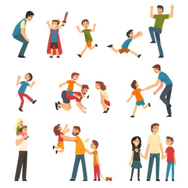 Babayı sevmek ve çocuklarıyla eğlenmek birlikte iyi vakit geçirmek büyük vektör seti. Baba Küçük Çocuğuyla Hafta Sonu Etkinliği Konseptiyle Nişanlı