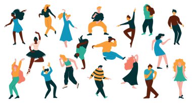 Dans eden bir grup insan. Genç erkekler ve kadınlar dans karikatürü vektör ilülasyonundan zevk alıyorlar.