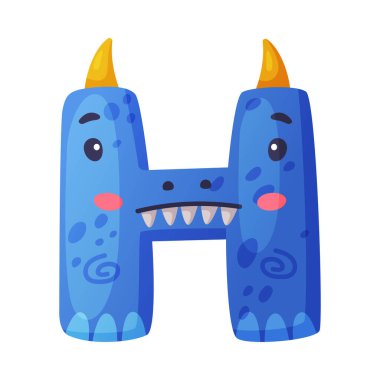 H harfli dino yazı tipi. Dinozor alfabesi, şirin dinazor etkisi mavi harf işareti, çocuklar için ABC, doğum günü partisi tasarımı, beyaz üzerine izole edilmiş vektör çizimi.