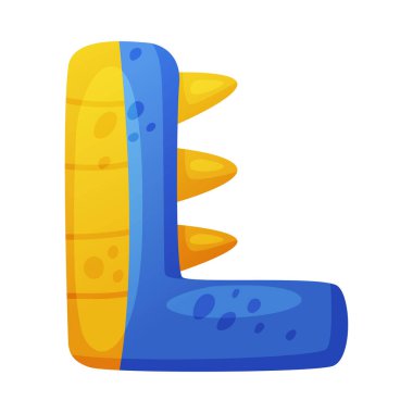 L harfi dino yazı tipi. Dinozor alfabesi, şirin dinazor efekti mavi ve sarı harf işareti, çocuklar için alfabe, doğum günü partisi tasarımı, beyaz üzerine izole edilmiş vektör çizimi.