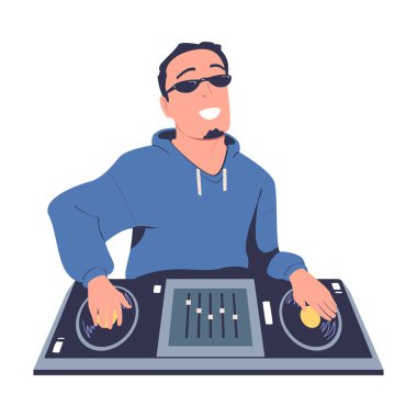 Konsol partisinde erkek kulüp DJ 'i müzik çalıyor. Gülümseyen müzisyen pikabın üzerinde ses kayıtlarını karıştırıyor çizgi film vektör illüstrasyonu beyaza izole edilmiş.