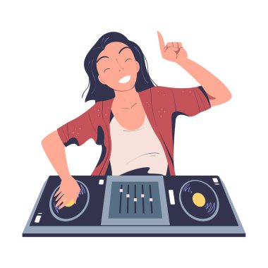 Mutlu kadın kulübü DJ 'i parti karikatür çizimlerinde modern müziği karıştırıyor. Beyaz üzerine izole edilmiş.
