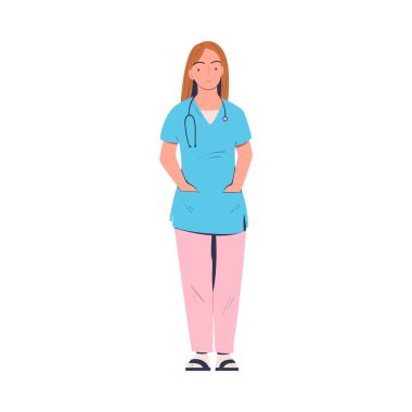 Gülümseyen Kadın Doktor ya da Üniformalı Doktor Stethoscope 'la Elini Cep Vektörü Resimlerinde Tutuyor. Hastane Konsepti 'nde Profesyonel Tıp Personeli Olarak Genç Kadın