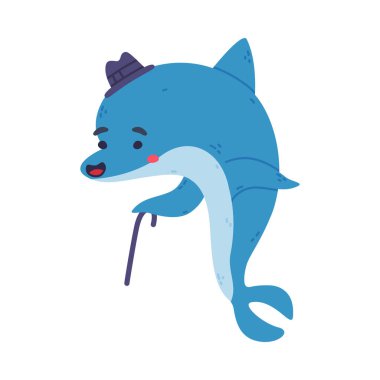 Bastonla yürüyen melon şapkalı şirin bir yunus. Beyaz üzerine izole edilmiş komik yunus balığı karakteri çizgi film vektör çizimi