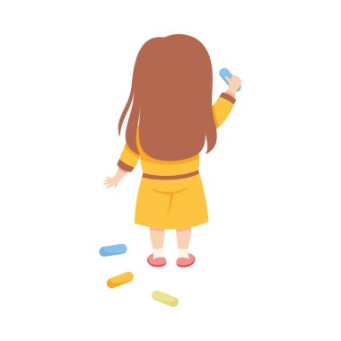 Tebeşirle Ayakta Duran Şirin Küçük Kız ya da Wall Back View Vector Illustration 'a Boya Kalemi Çizimi. Sanatsal Eğlence Aktivitesi Konseptine Bağlı Komik Çocuk