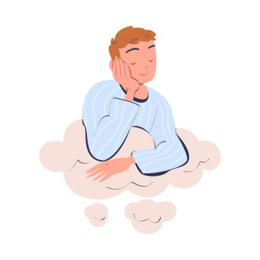Bulut Vektör İllüzyonunda Olmayı Hayal Etmek ve Hayal Etmek Erkek Karakteri. Genç Erkek Hayal ve Zihin Gezginliği