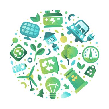 Çevre dostu işaretler yuvarlak. Ekoloji ve yenilenebilir enerji afişi, poster, çevre dostu teknolojiler sembollü kart düz vektör illüstrasyonu