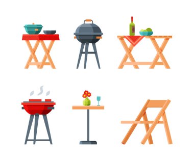 Bahçe Masası, Barbekü ve Piknik Vektörü Seti İçin Yiyecek ve Izgara Ağı Servisi. Yaz Konsepti Sırasındaki Arka Bahçe Dinlenme ve Rahatlama Objesi