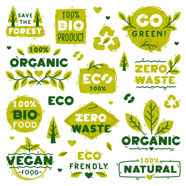 Ecology Badges and Green Eco Labels for Bio and Organic Product Vector Set. Eco-friendly and Natural Emblem with Leaf