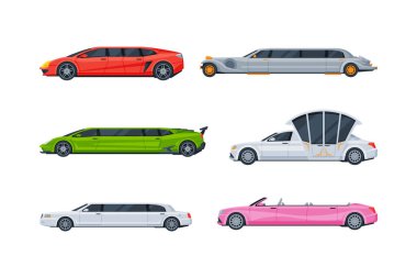 Limousine as Long Wheelbase Luxury Urban Transport Vector Set. Limo Automobile with Chauffeur as Street Traffic Driven on the Road Concept clipart