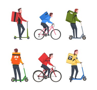 Scooter ve Bisiklet Taşıyıcı Vector Seti 'ndeki adamla Yemek Teslimat Servisi. Restorandan Müşteri Konseptine Genç Erkek Yemek Teslimatı