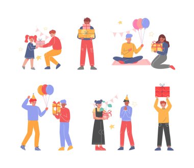 Neşeli Genç Erkek ve Kız Doğum Gününü Kutluyor Hediye Kutusu Vector Seti. Heyecanlı Genç Adam ve Kadınla Bir Tatil Partisi Arkadaş Kutlaması Konsepti